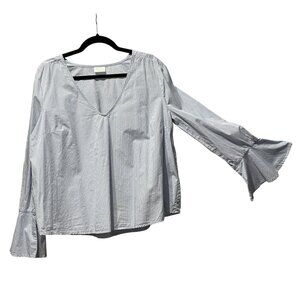 Abound women’s size L blue striped long bell sleeve boxy v neck cotton top